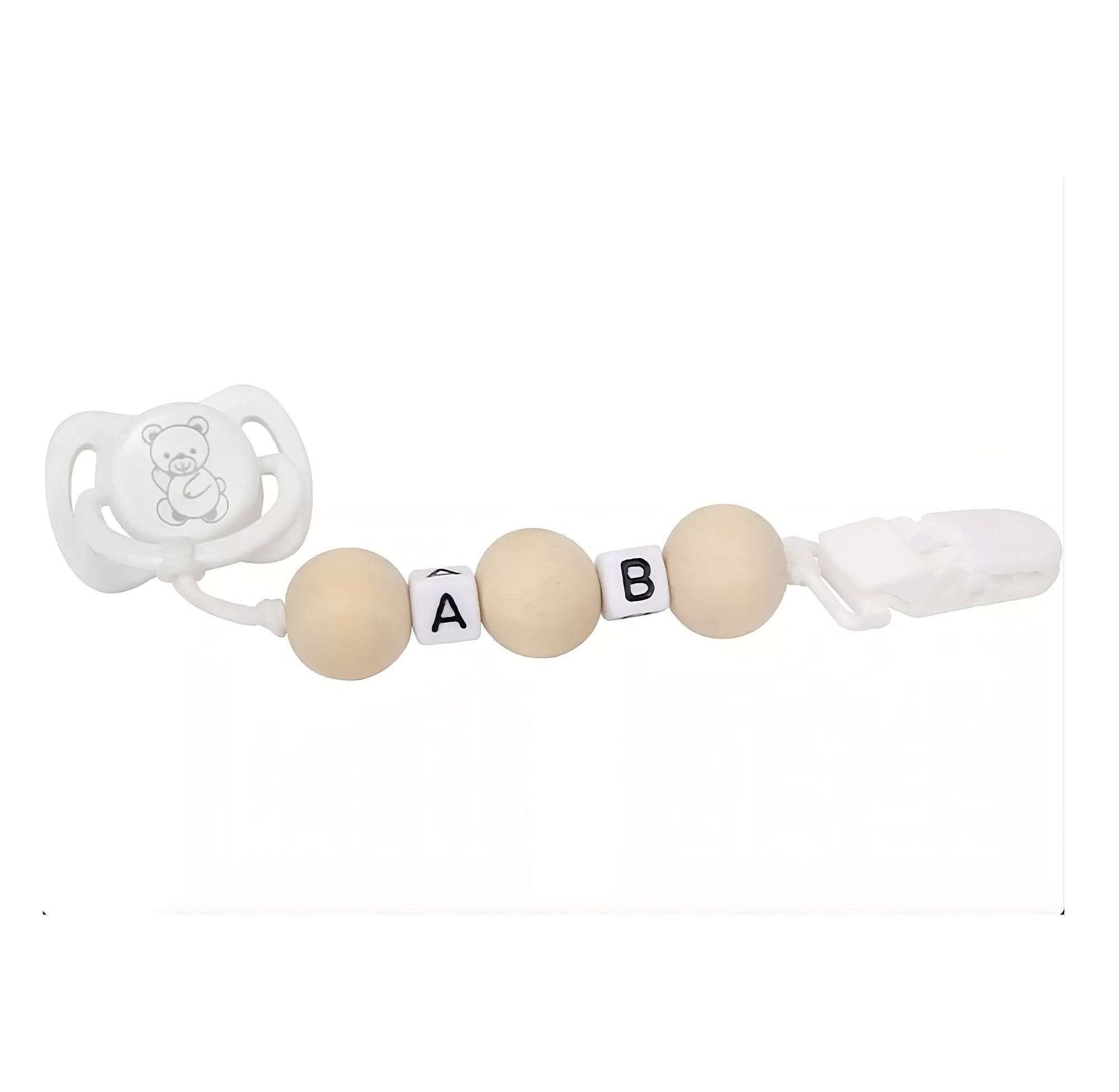 White Pacifier Set with Wooden Chain and Clip