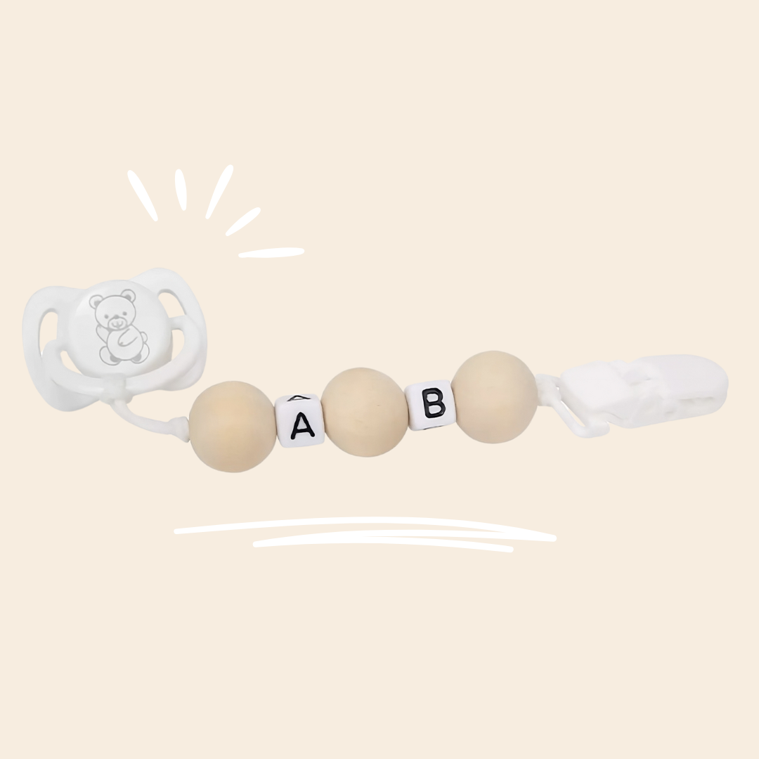 White Pacifier Set with Wooden Chain and Clip